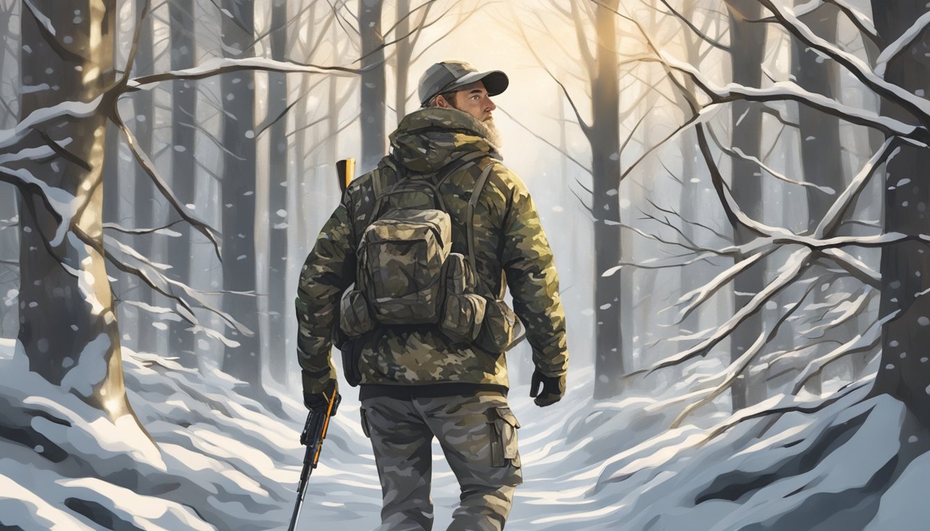 A hunter in camouflage gear navigating through a snowy forest with bare trees and a hint of winter sunlight filtering through the branches