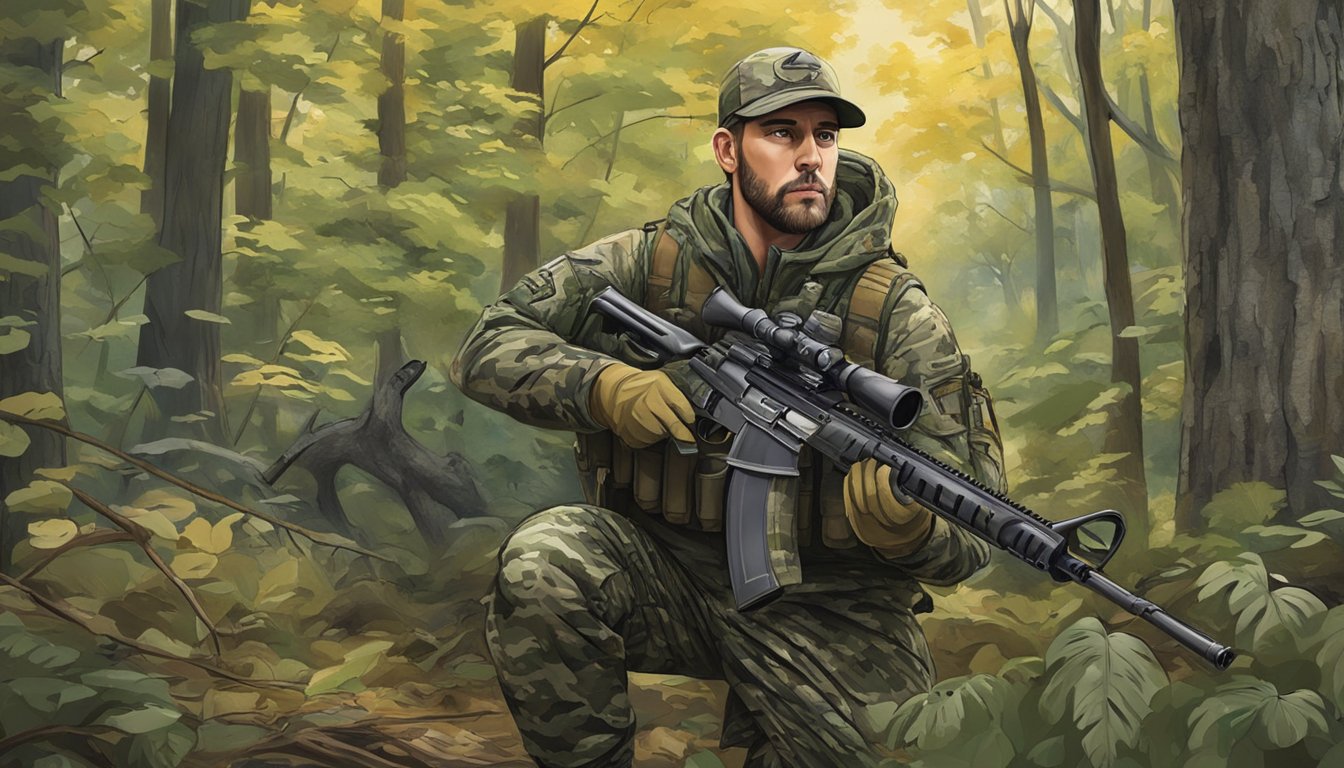 A hunter in camouflage gear holding a rifle, surrounded by trees and wildlife in a New York forest