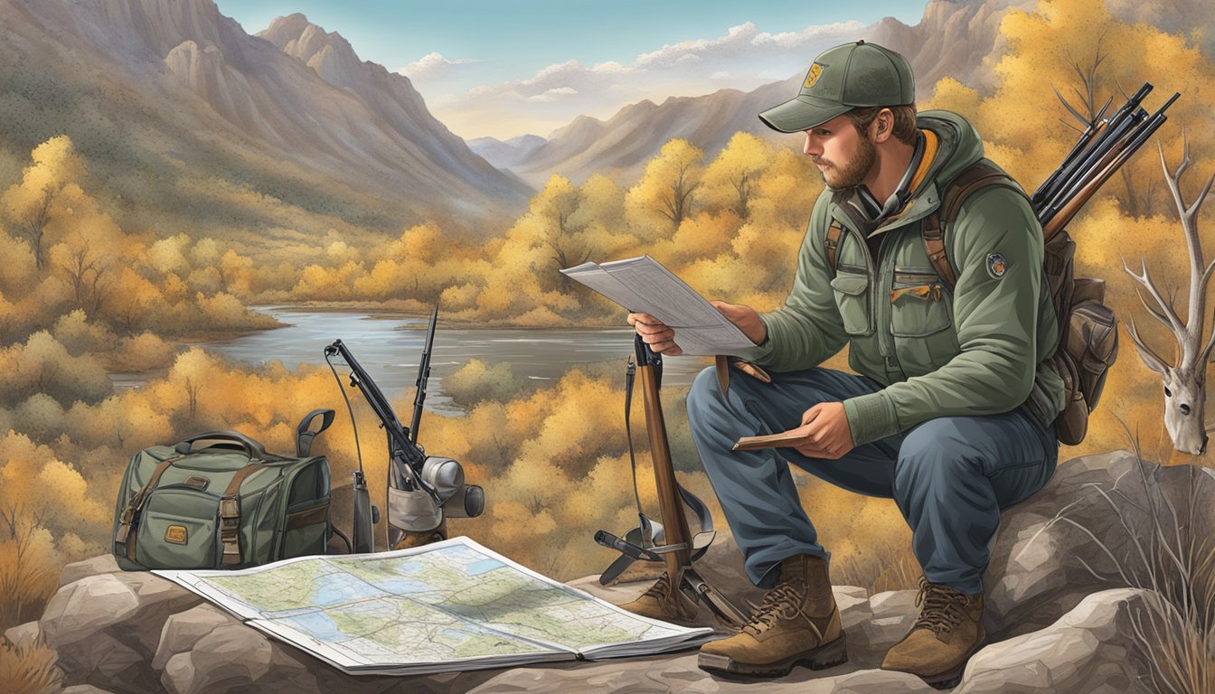 A hunter studying a Nevada hunting guide while surrounded by hunting gear and a map of the state