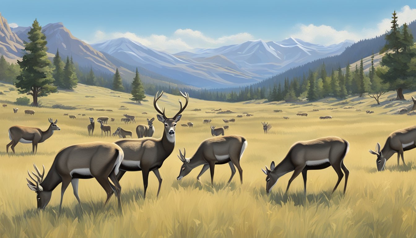 A herd of mule deer graze in a vast, open meadow surrounded by rugged mountains under a clear blue sky