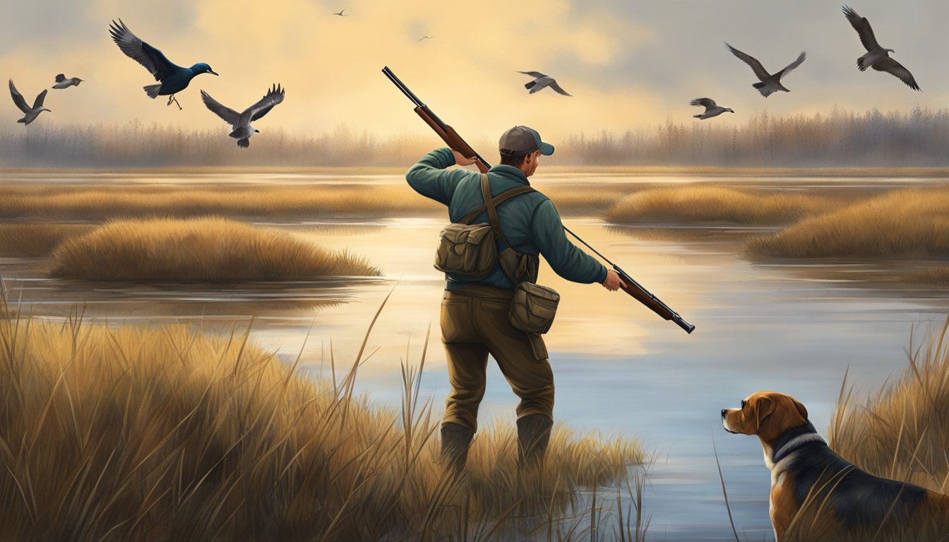 A hunter crouches in a marsh, shotgun at the ready, as waterfowl take flight overhead. A hunting dog waits patiently by their side