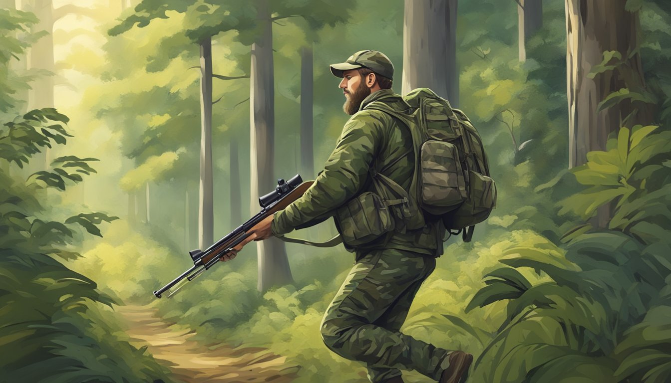 A hunter in camouflage clothing carrying a rifle and a backpack, walking through a dense forest with trees and bushes