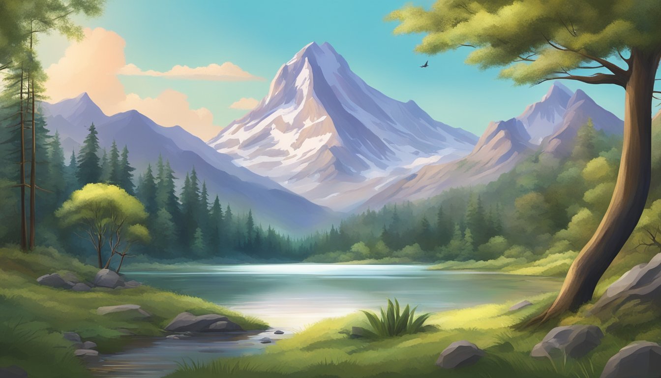 A serene forest with diverse wildlife, a tranquil lake, and a majestic mountain backdrop