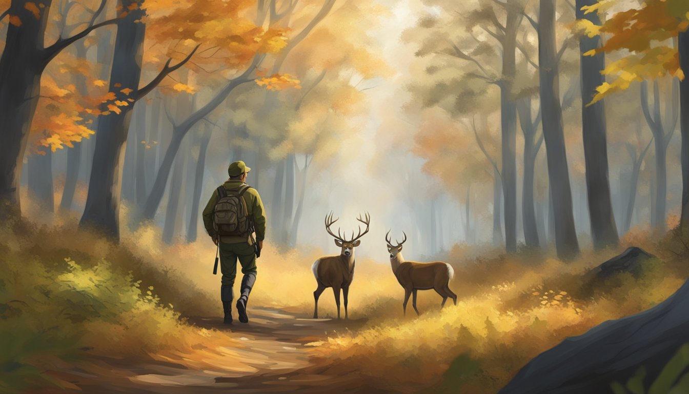 A hunter stalking through a dense forest, bow in hand, eyes focused on a deer in the distance. Surrounding trees and foliage suggest a serene autumn setting