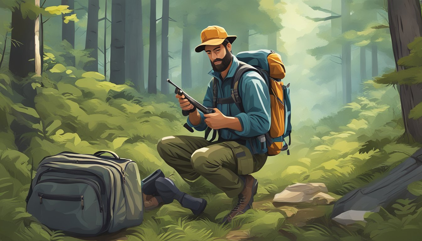 A hunter packing gear into a backpack in a forest clearing