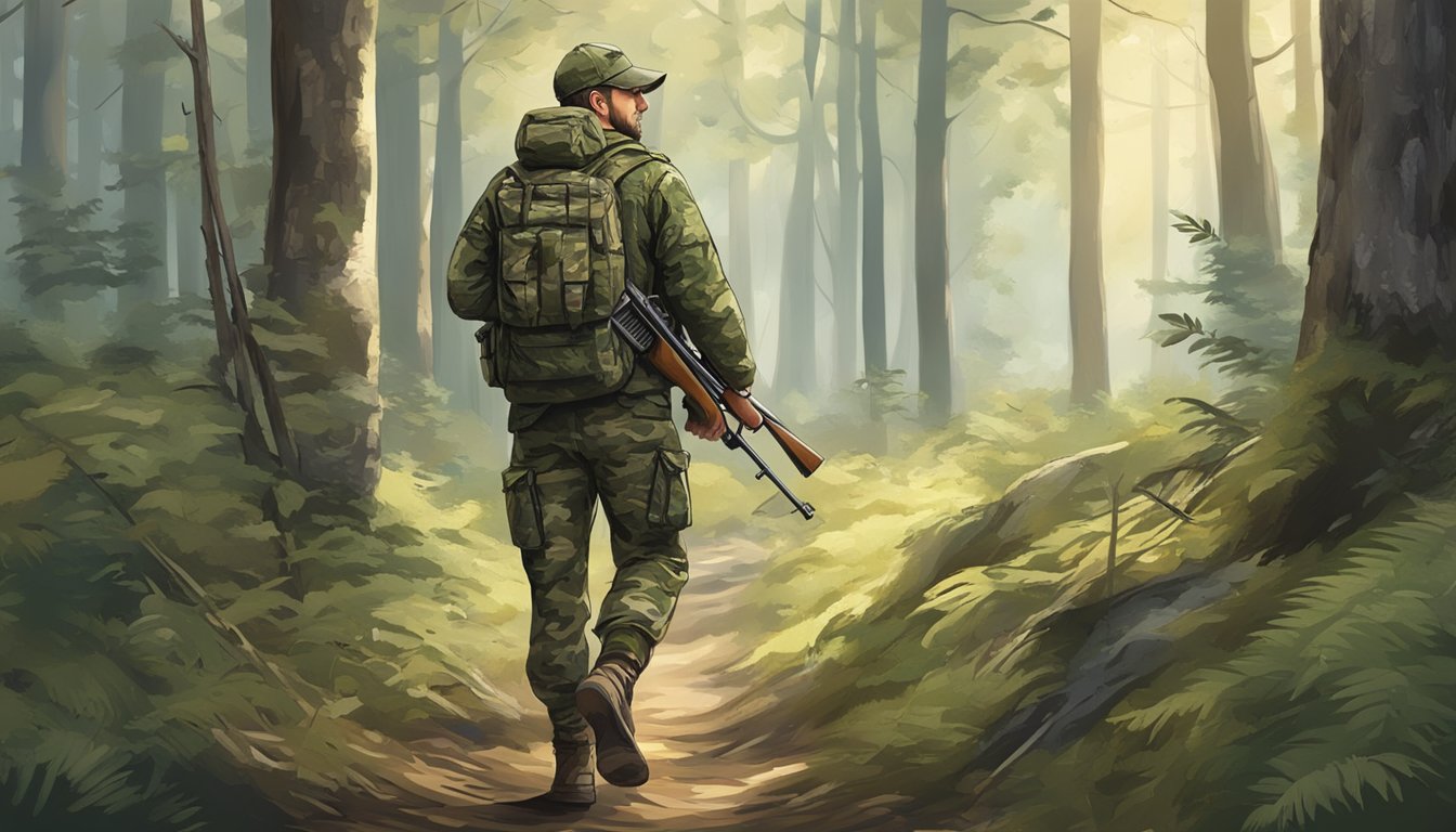 A hunter in camouflage gear walking through a forest with a rifle and hunting gear