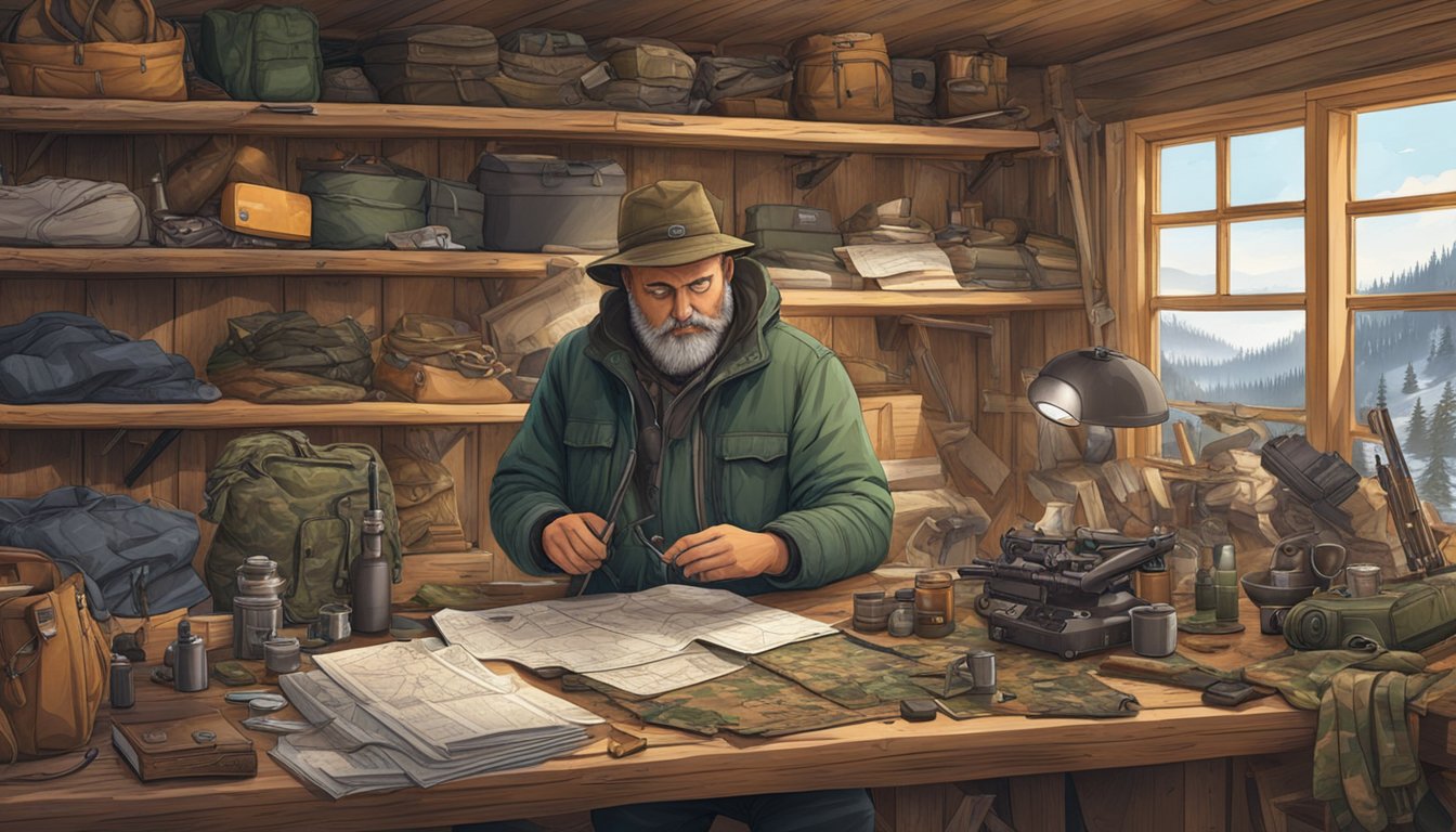 A hunter selecting gear from a cluttered table in a cozy cabin, surrounded by maps, rifles, and camouflage clothing