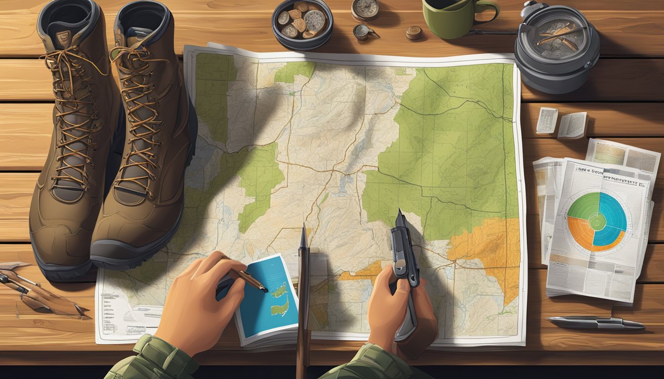 A hunter studying a New Mexico hunting guide with a map and regulations spread out on a wooden table. A rifle and hunting gear are nearby