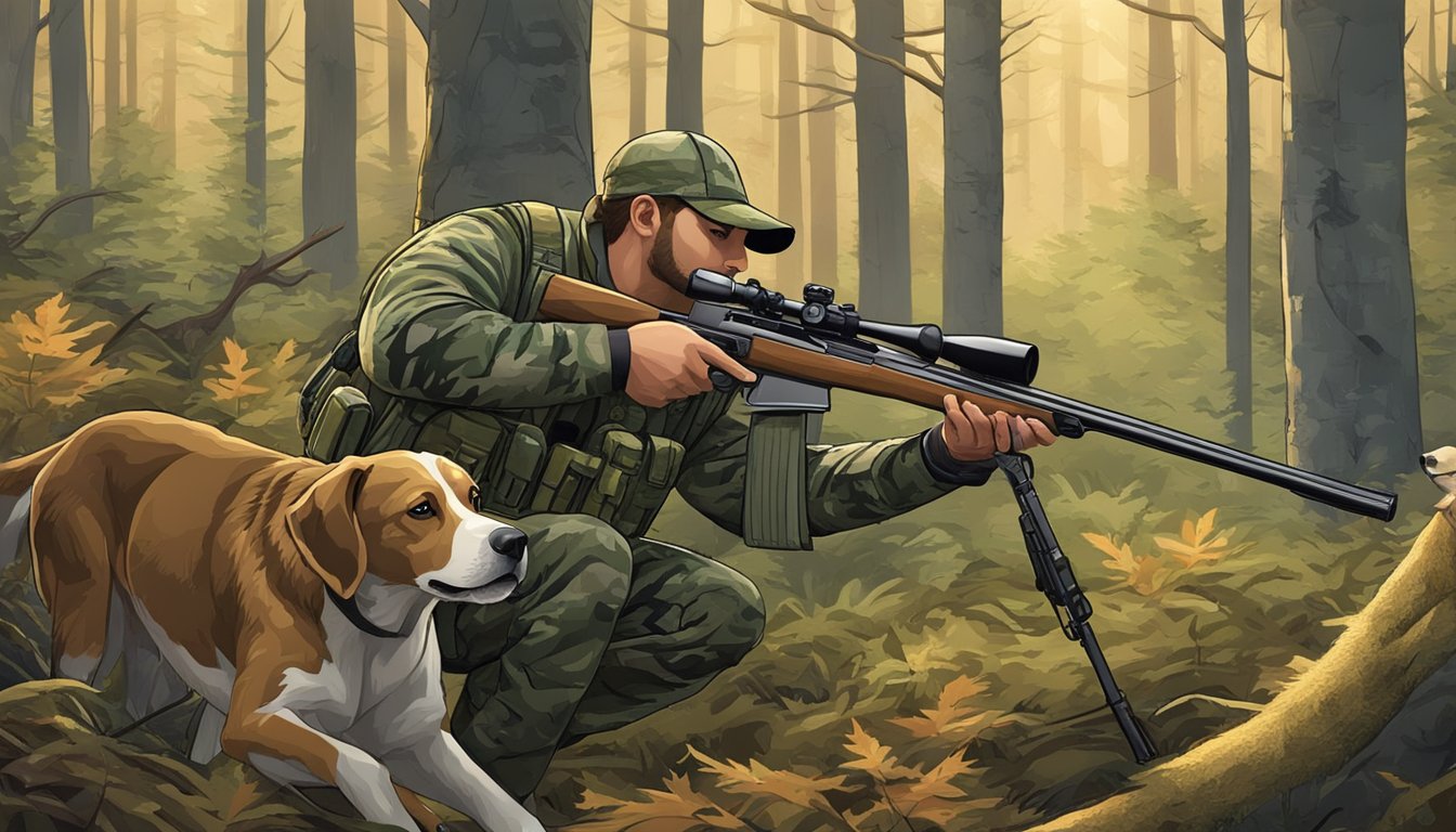 A hunter in camouflage gear aims a rifle at a deer in a dense forest, with a hunting dog by his side