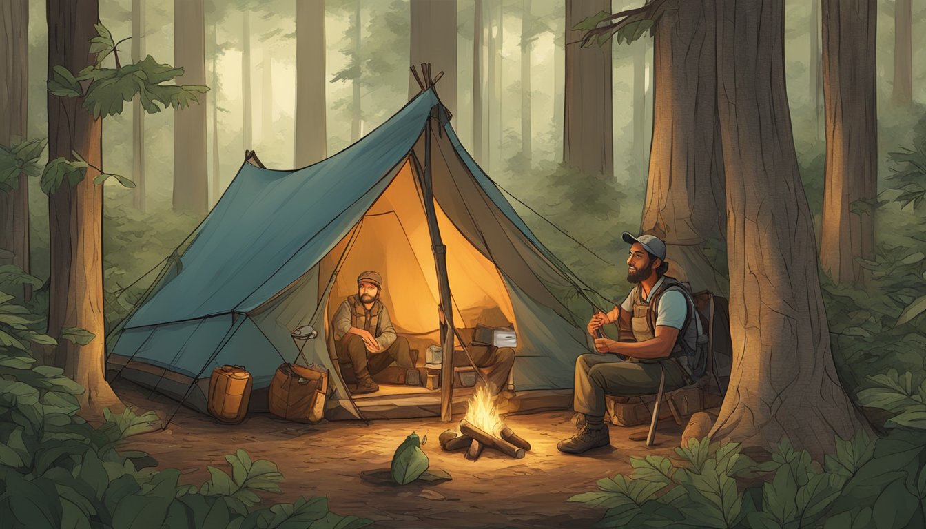 A cozy campsite nestled in a lush North Carolina forest, with a crackling fire, a sturdy tent, and a rustic hunting guide leaning against a tree