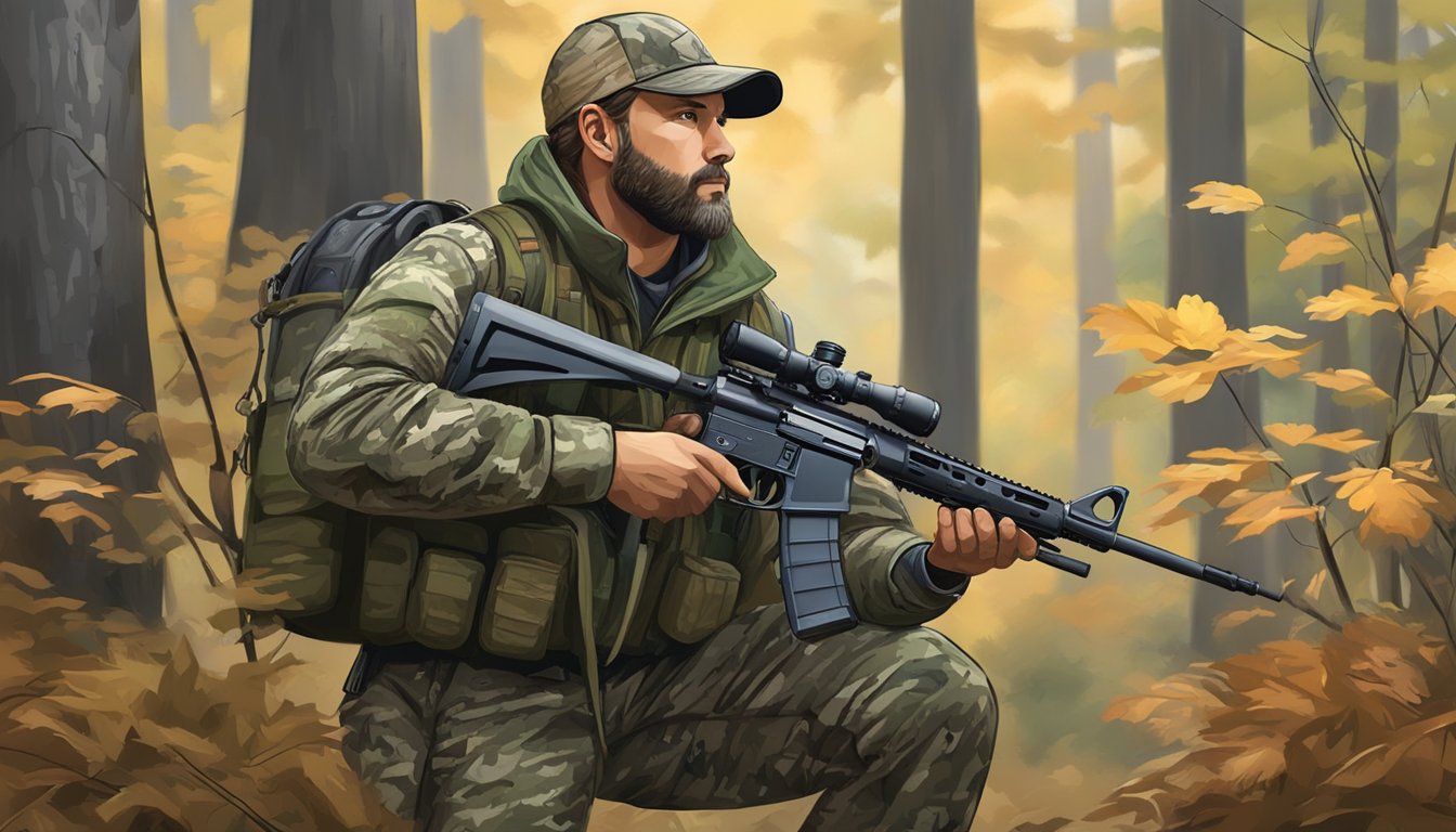 A hunter in North Carolina uses advanced hunting gear, including a high-tech rifle and camouflage clothing, while stalking game in the dense forest