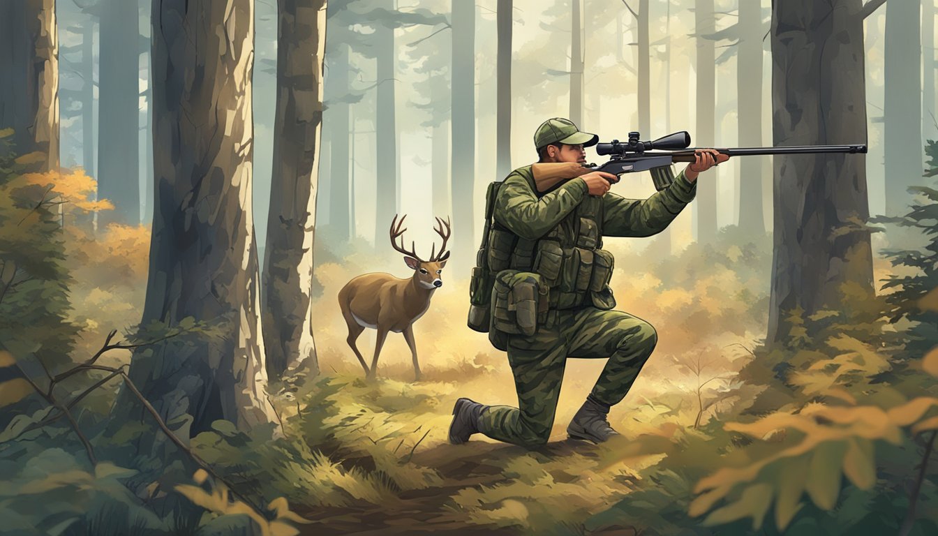 A hunter in camouflage aiming a rifle in a forest clearing with a deer in the background