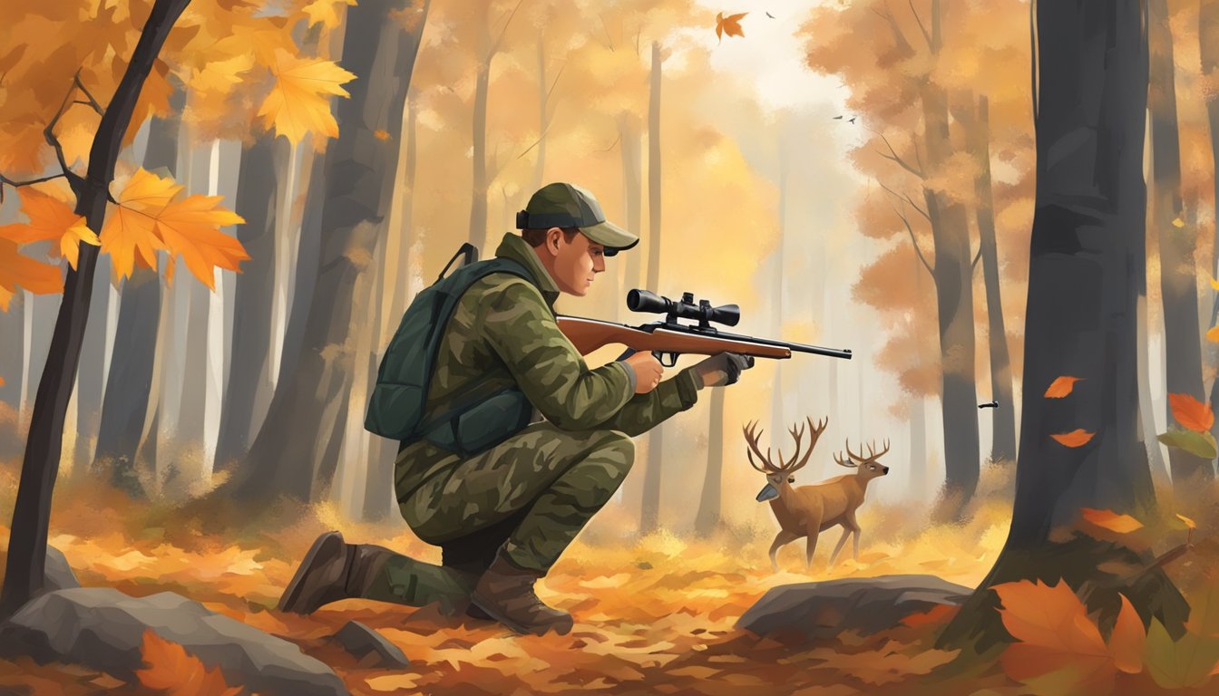 A hunter in camouflage standing in a forest, aiming a rifle at a deer. The autumn leaves are falling, and a hunting guide is open on the ground