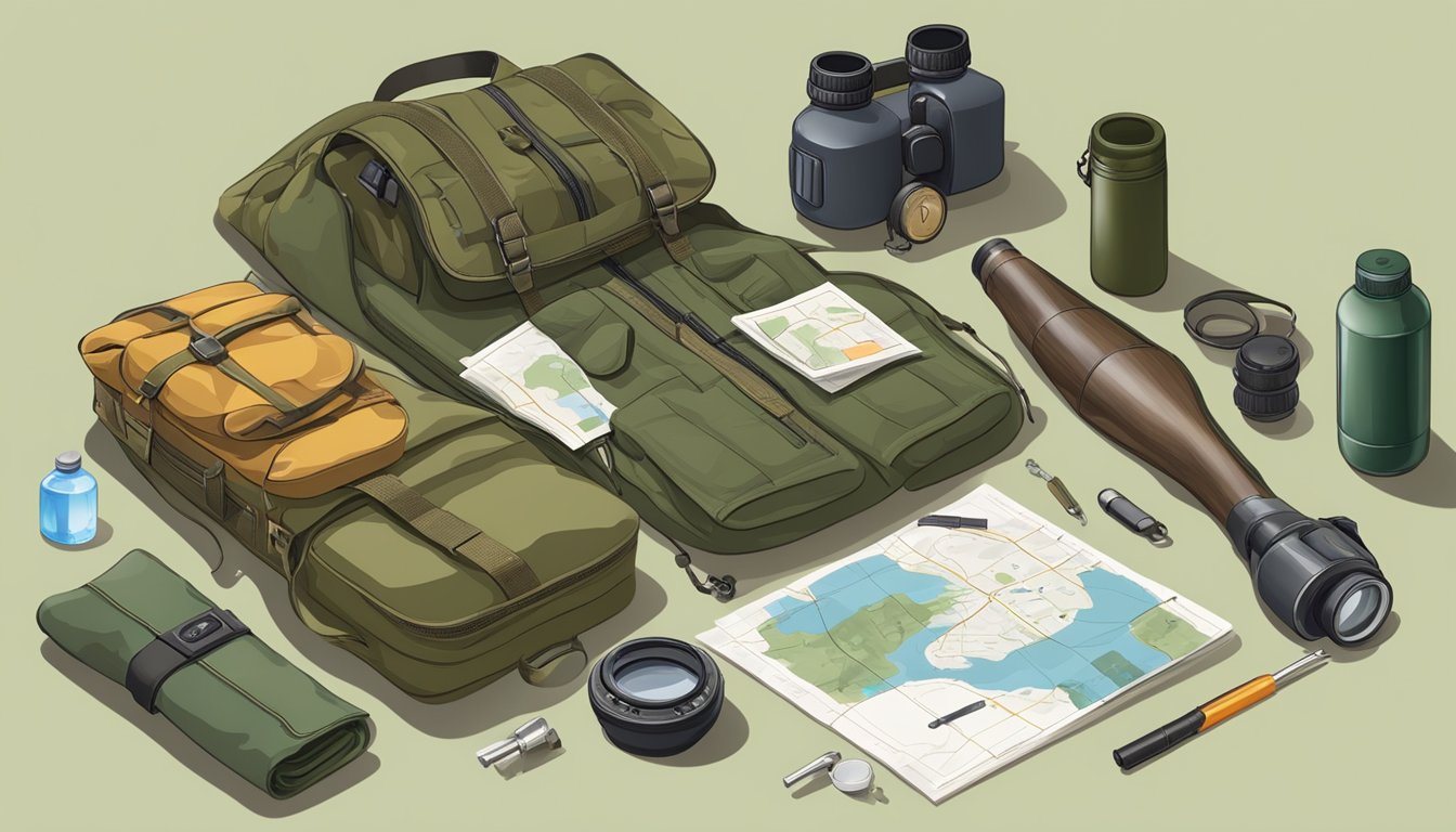 A table with hunting gear: rifle, binoculars, compass, map, first aid kit, water bottle, and camouflage clothing