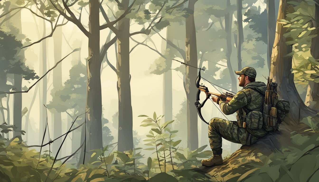 A hunter in camouflage waits in a tree stand, overlooking a wooded area. A bow and arrow are at the ready