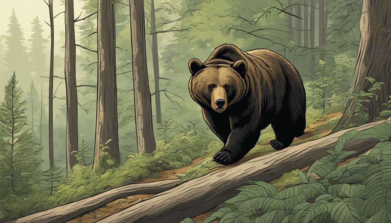 A bear prowls through a dense forest, following specific hunting guidelines outlined in a Pennsylvania hunting guide