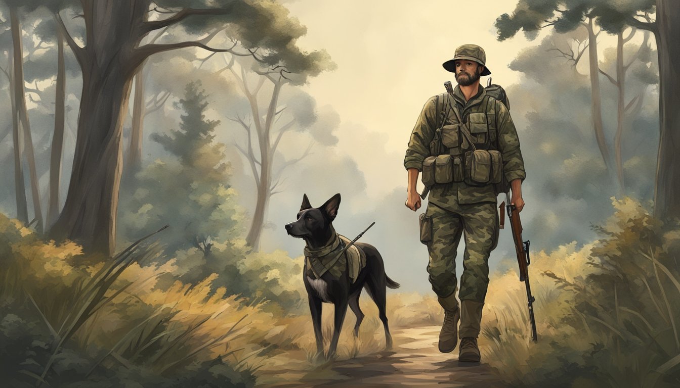 A hunter carrying a rifle and dressed in camouflage gear walks through a forest with a hunting dog by his side. The landscape is filled with trees and bushes, and the sky is overcast