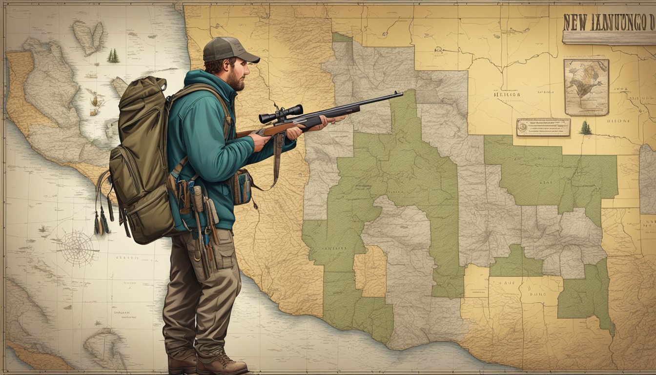 A hunter standing in front of a map of New Mexico, with a rifle and backpack, surrounded by hunting gear and supplies