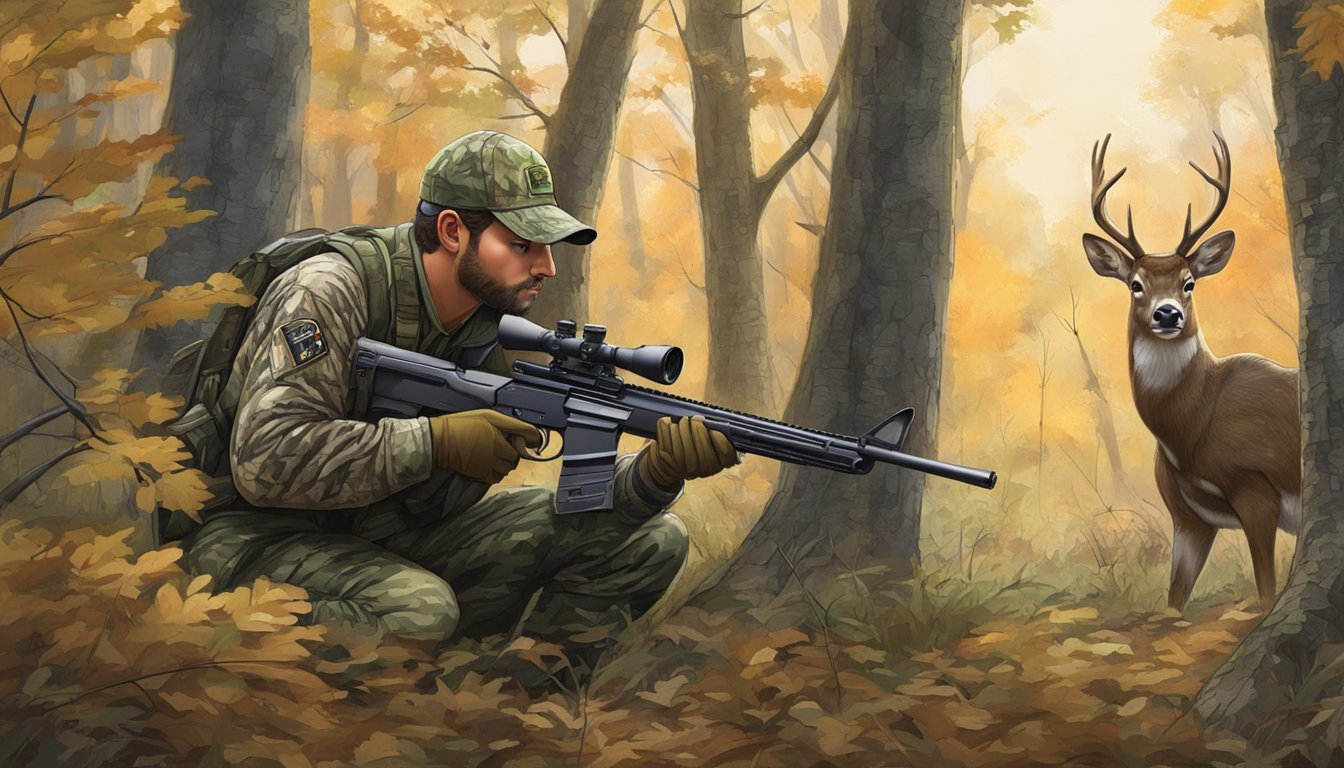 A hunter in camouflage, crouched behind a tree, aiming a rifle at a deer in a dense Pennsylvania forest