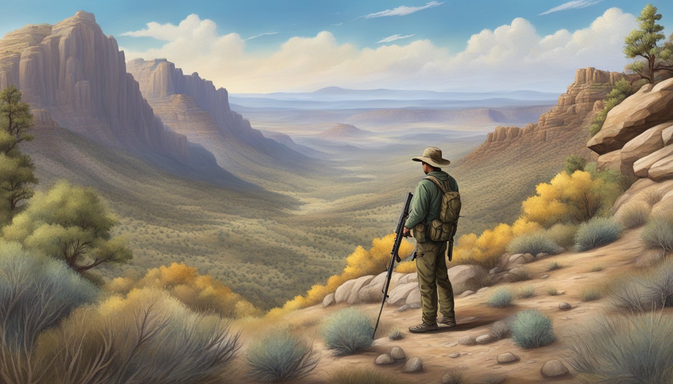 A hunter stands in the New Mexico wilderness, rifle in hand, surrounded by rugged terrain and native wildlife