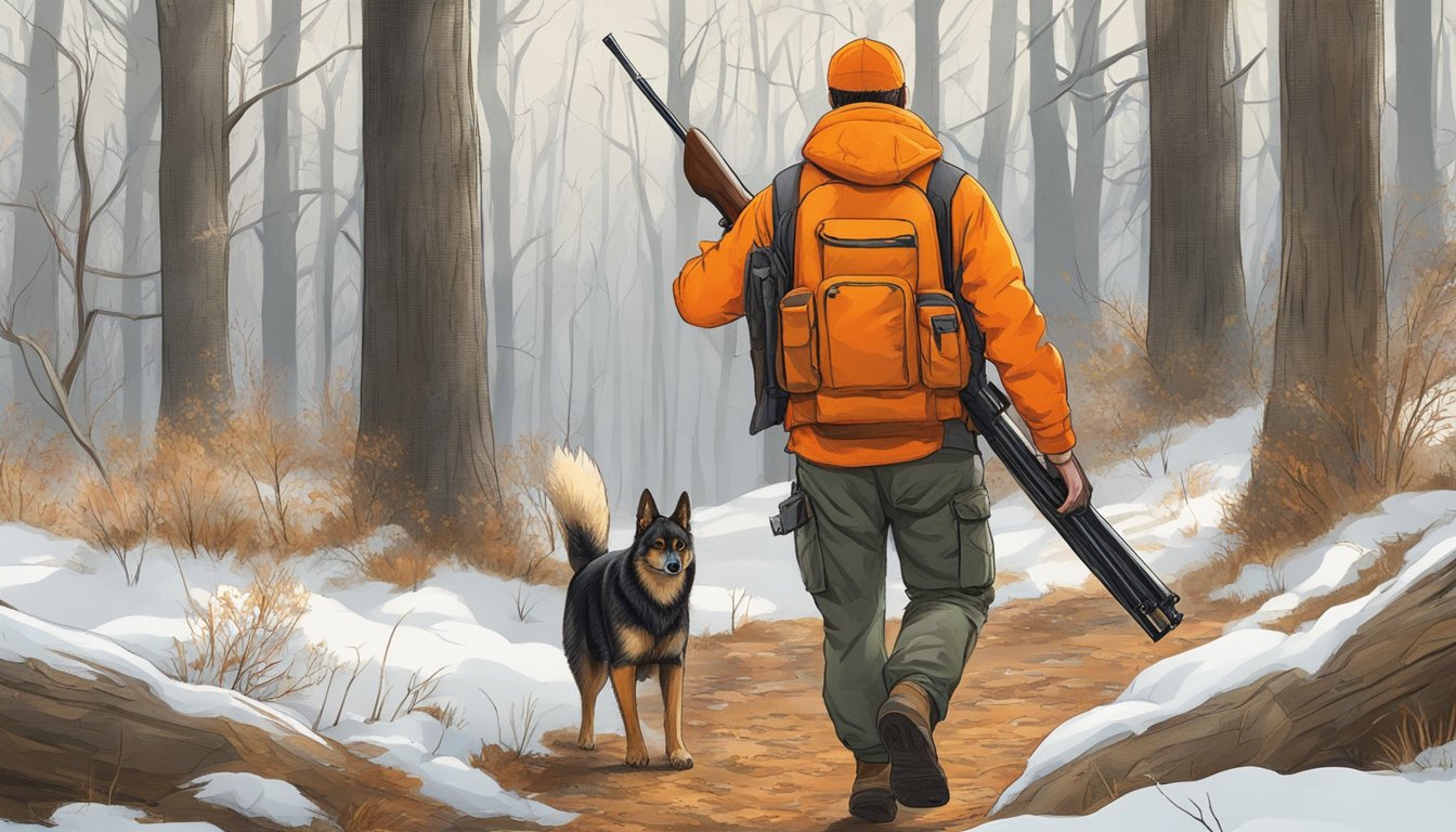 A hunter carrying a firearm, wearing blaze orange, and following hunting regulations in a wooded area