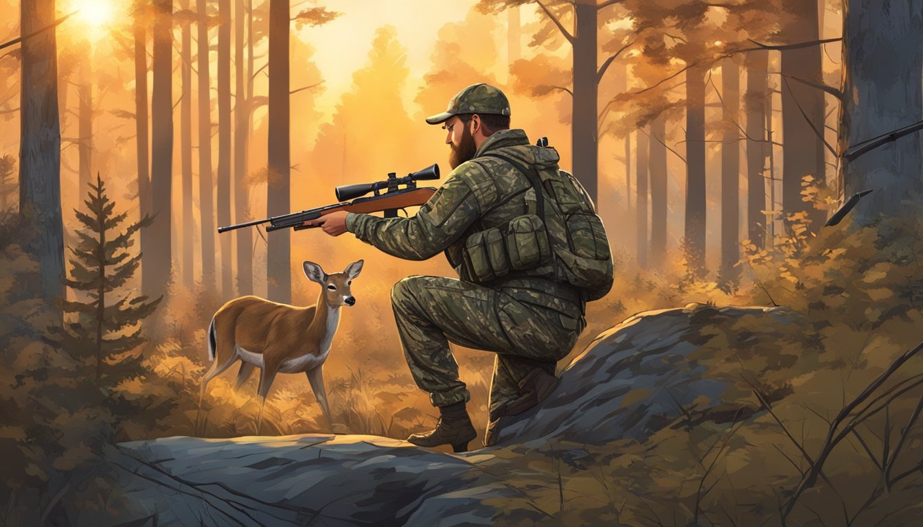 A hunter in camouflage aims a rifle at a deer in a dense forest clearing. The sun sets over the horizon, casting a warm glow on the scene