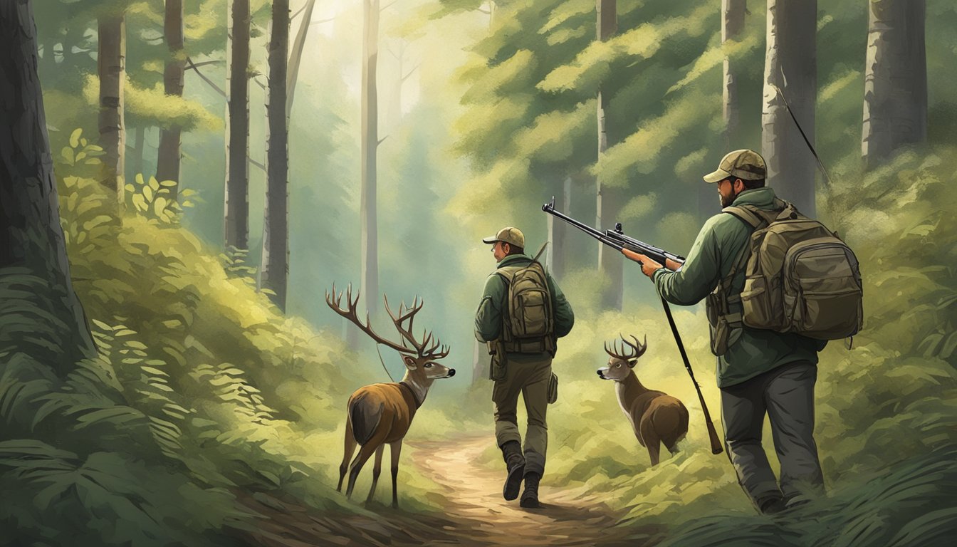 A hunter tracking deer through a dense forest, with a rifle slung over their shoulder and a hunting guide in hand