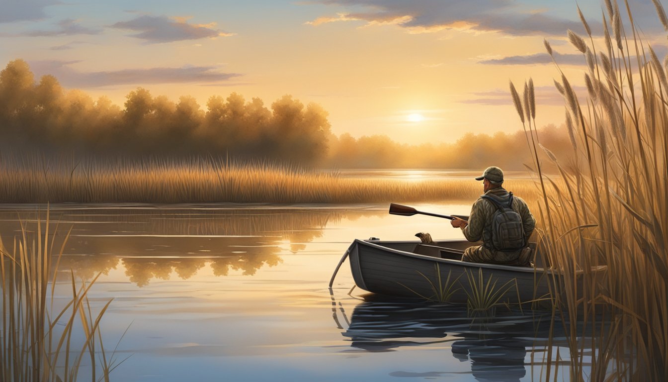 A hunter quietly waits in a duck blind at the edge of a marsh, surrounded by tall grass and cattails. The early morning sun casts a warm glow over the serene wetland habitat