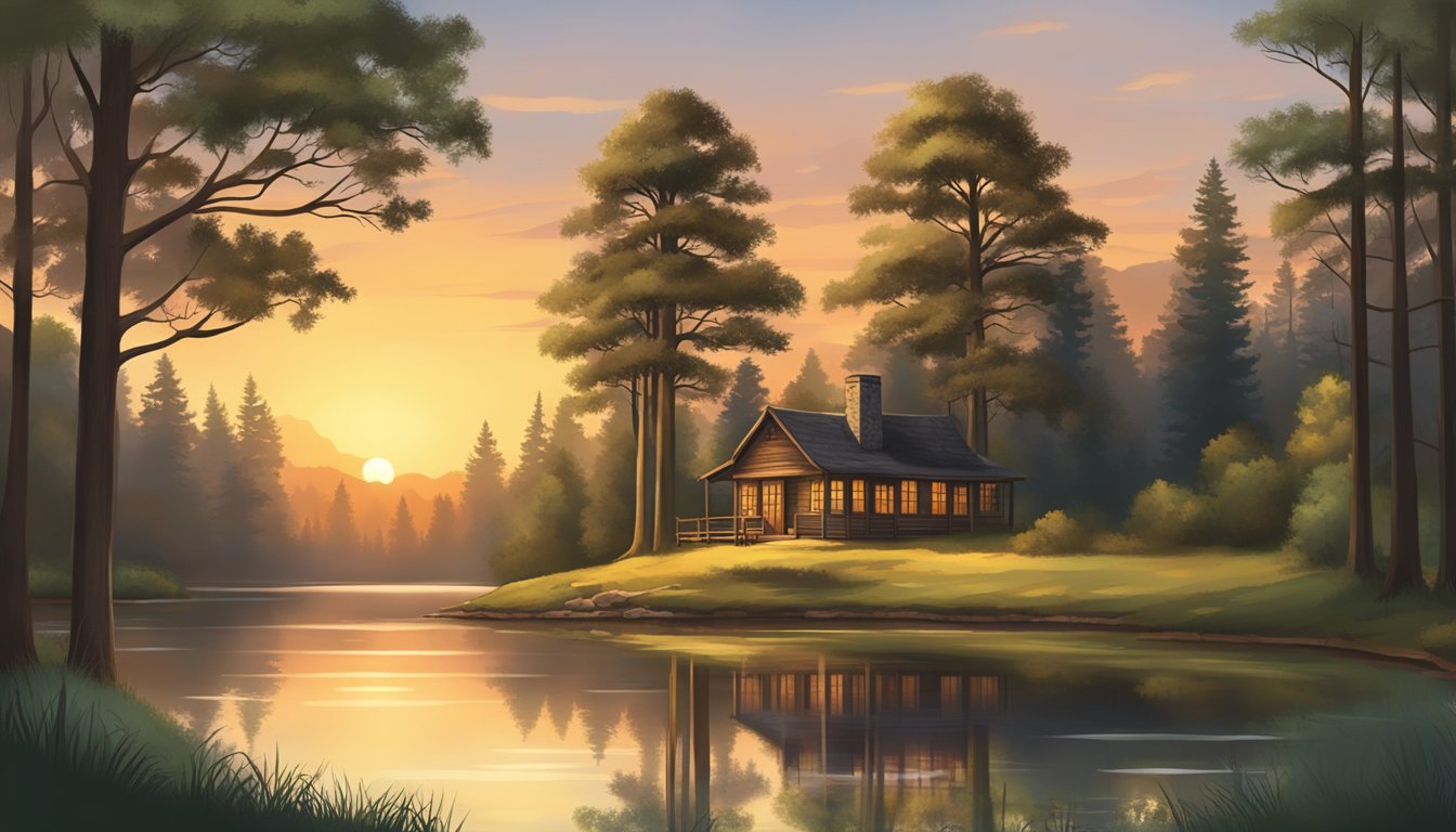 A serene woodland clearing with a rustic hunting lodge, surrounded by tall trees and a tranquil lake reflecting the sunset