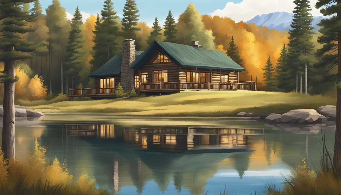 A cozy hunting lodge nestled in the rugged North Dakota wilderness, surrounded by towering pine trees and a tranquil lake