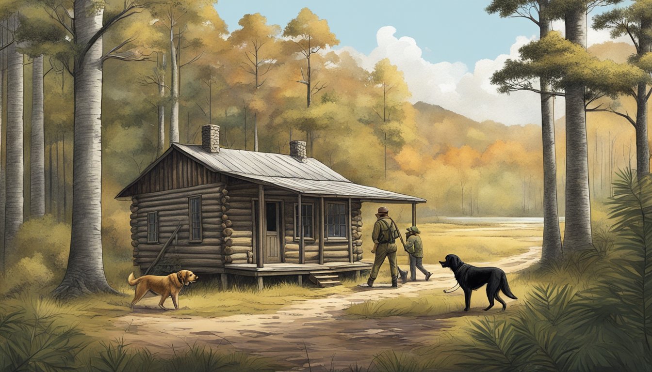 A hunter trekking through the South Carolina wilderness, accompanied by a guide and their hunting dog, with a rustic cabin in the background