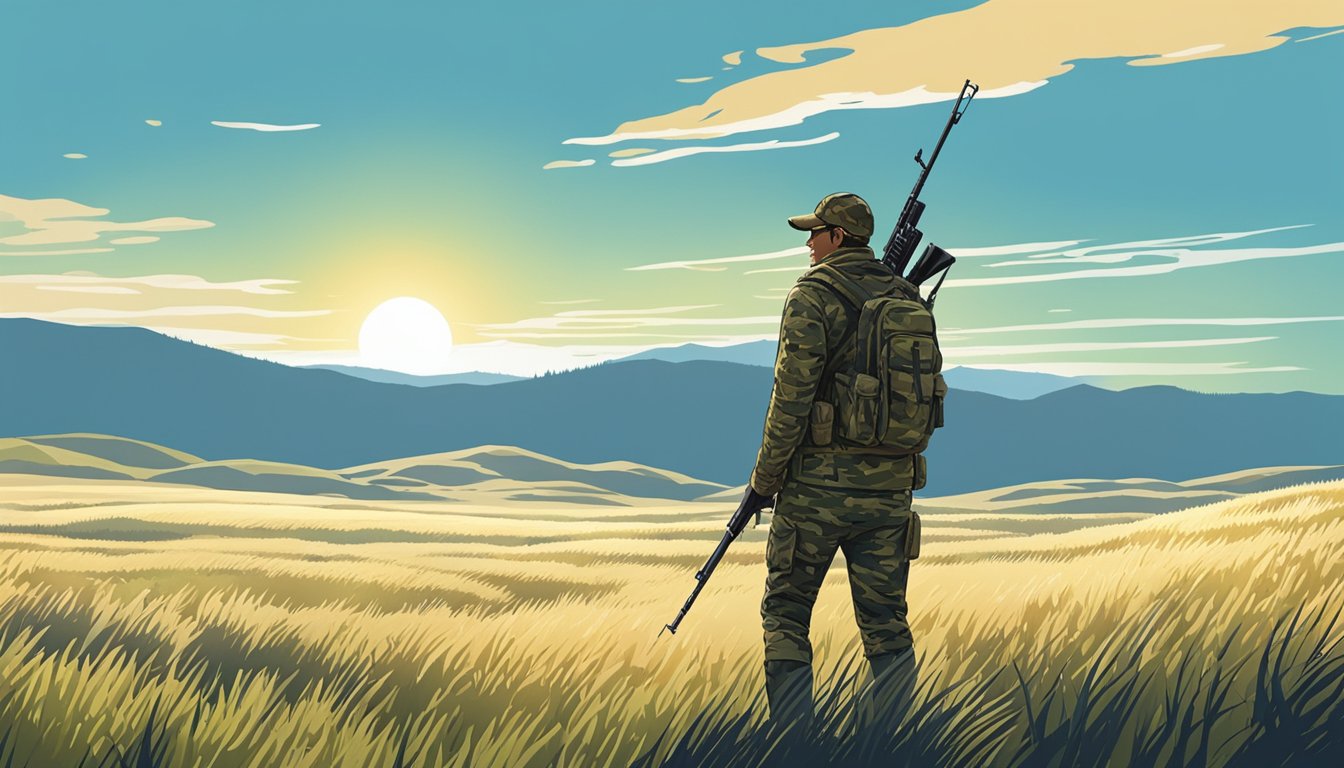 A hunter in camouflage stands in a vast open field, surrounded by rolling hills and dense forests. A clear blue sky stretches overhead, with the sun casting long shadows across the landscape