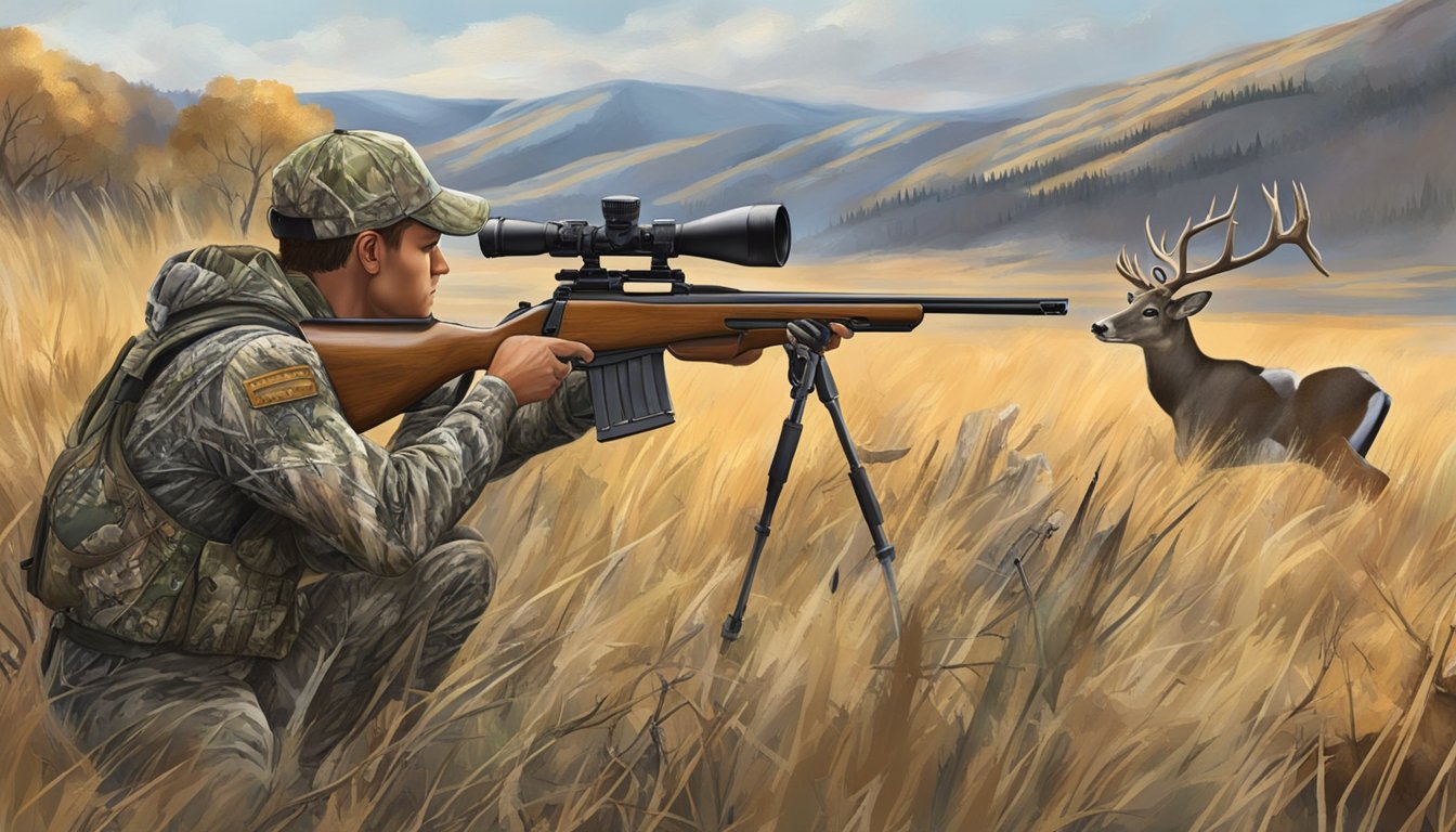 A hunter in camouflage aiming a rifle at a large buck in the North Dakota wilderness