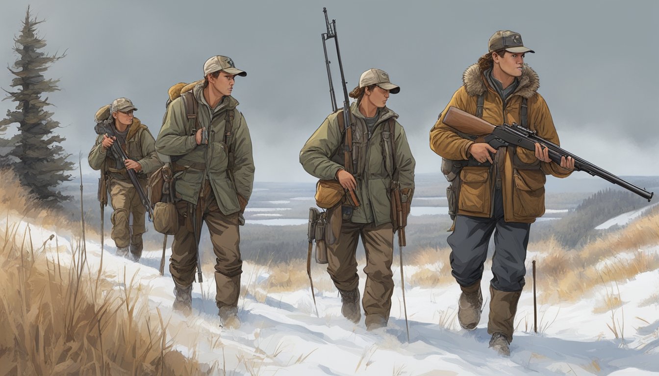 A group of young hunters follow an experienced guide through the rugged terrain of North Dakota, rifles in hand, scanning the horizon for game