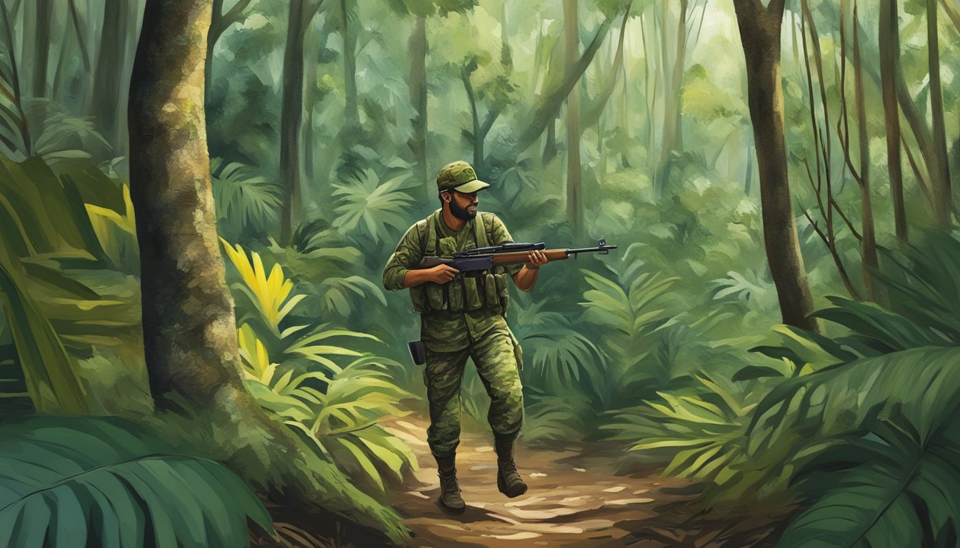 A hunter in Puerto Rico navigates through dense forest, following strict regulations and legal guidelines while carrying a rifle and wearing camouflage gear