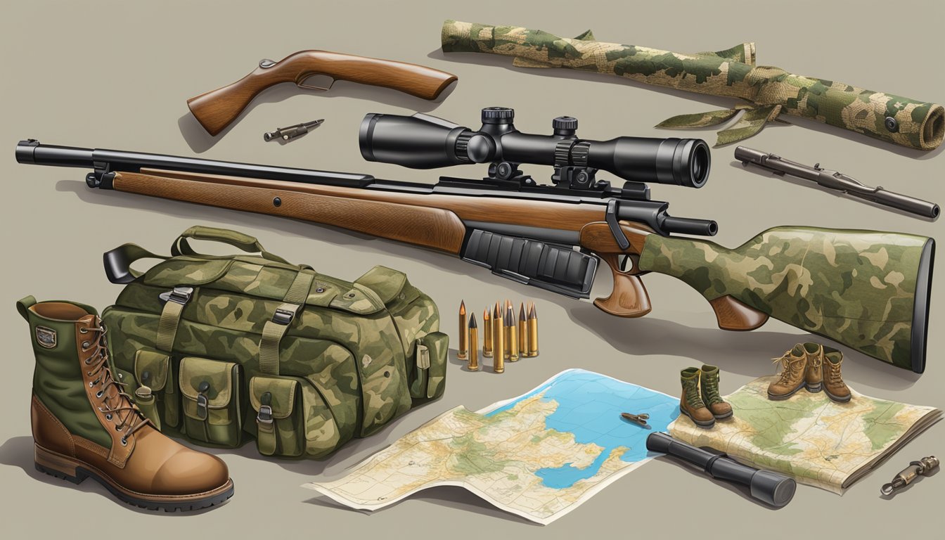 A table displays hunting gear: rifle, ammunition, camouflage clothing, boots, and a map of the hunting area