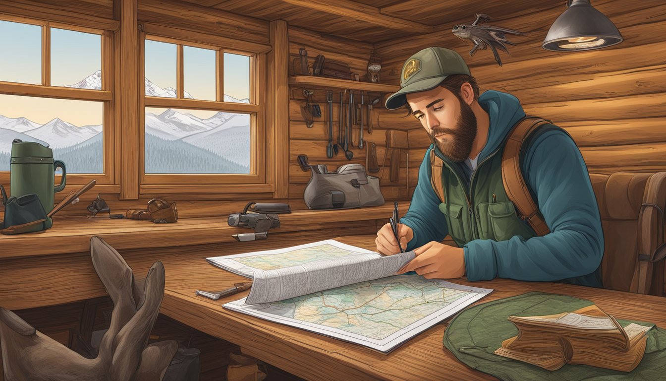 A hunter studying Oregon's hunting regulations in a cozy cabin with a map, rifle, and the Oregon Hunting Guide open on a table