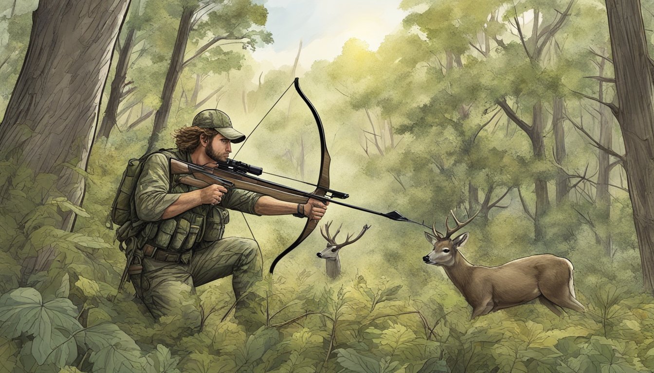 A hunter in Texas uses a bow and arrow to stalk a deer through the dense forest, camouflaged in hunting gear