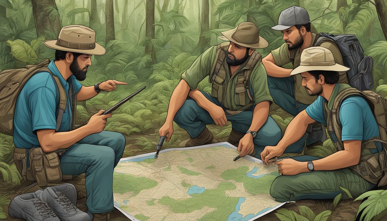 A group of hunters gather around a map, pointing and discussing their plans for a hunting trip in the lush Puerto Rican forest