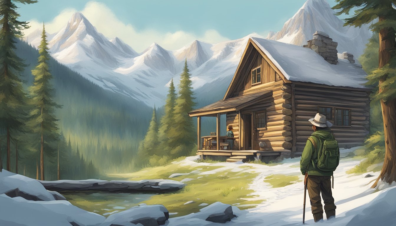 A hunter standing in front of a rustic cabin, surrounded by lush forest and snow-capped mountains, holding a map and talking to a guide