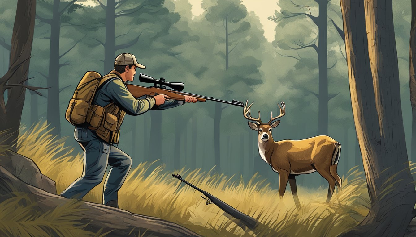 A hunter stalking a deer in a Texas forest, with a rifle raised and focused on its target