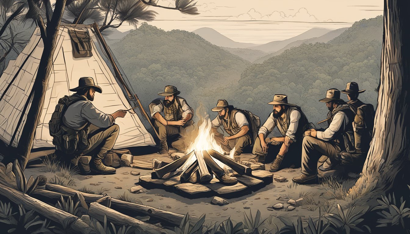 A group of hunters gather around a campfire, sharing stories and looking at a map of Puerto Rico. They appear engaged and informed