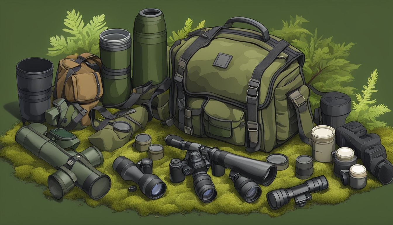 A hunter's backpack, rifle, binoculars, and camouflage gear laid out on a mossy forest floor