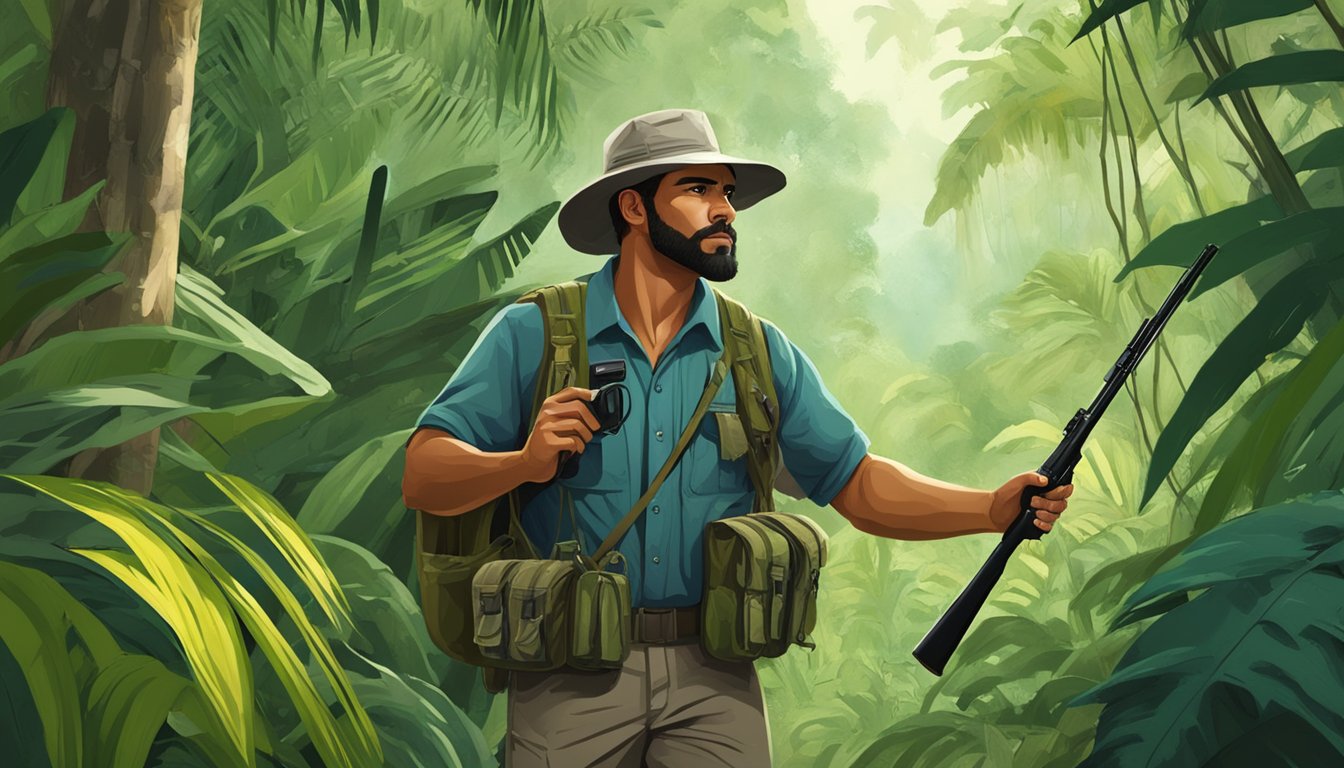 A hunter trekking through lush Puerto Rican jungle, rifle in hand, eyes scanning the dense foliage for prey. A guide leads the way, pointing out tracks and signs of wildlife