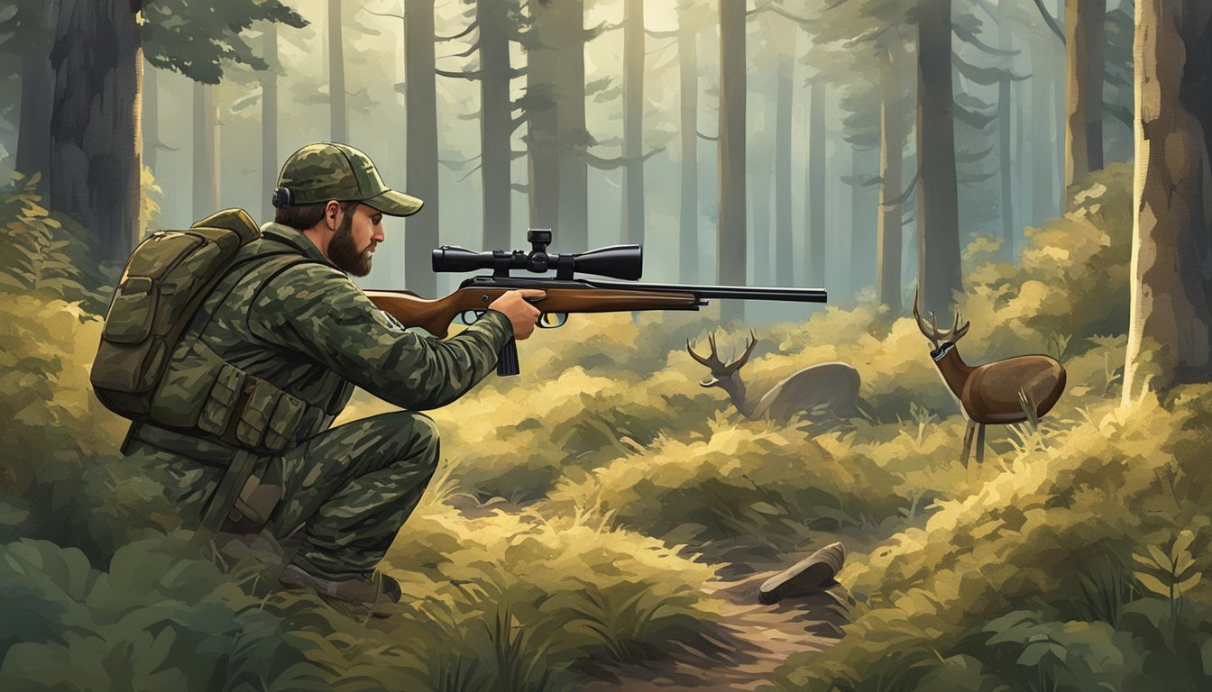 A hunter in camouflage aiming at a deer in a forest clearing