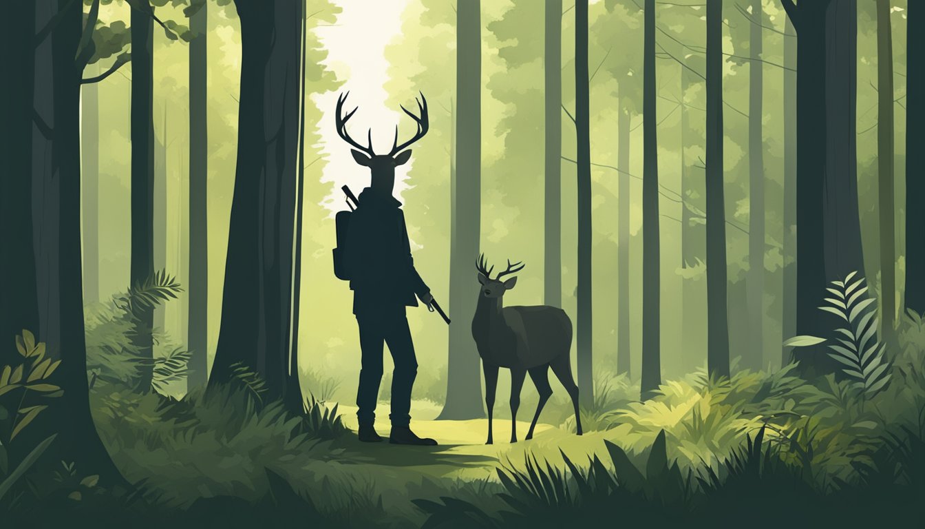 A hunter quietly waits in a forest clearing, surrounded by tall trees and dense foliage. A deer cautiously approaches, its ears alert and eyes scanning for danger