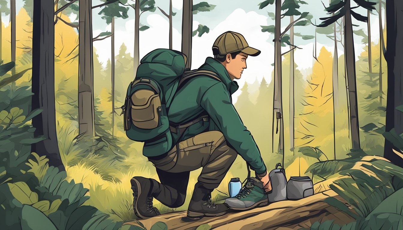 A hunter packing gear and supplies into a backpack in a forest clearing