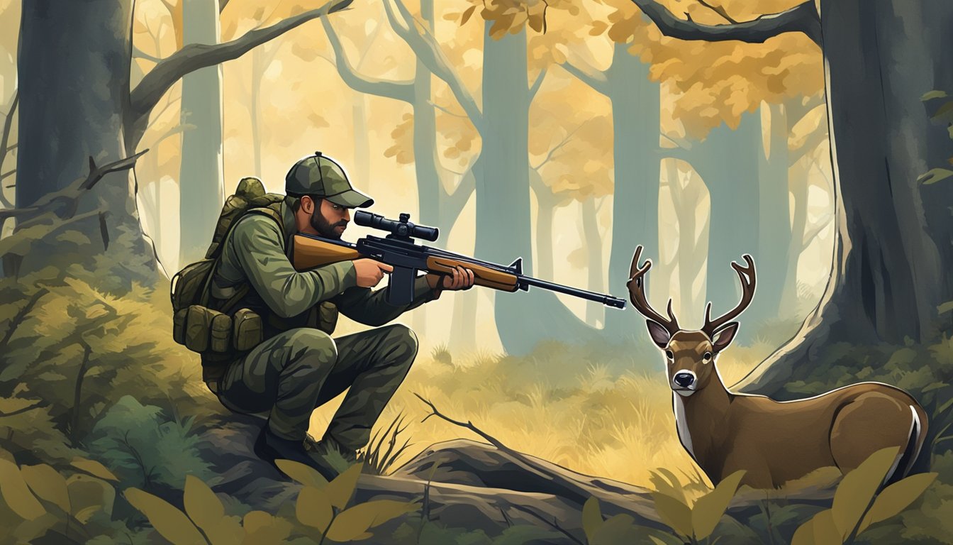 A hunter in camouflage, holding a rifle, crouching behind a tree in a dense forest, with a deer in the distance