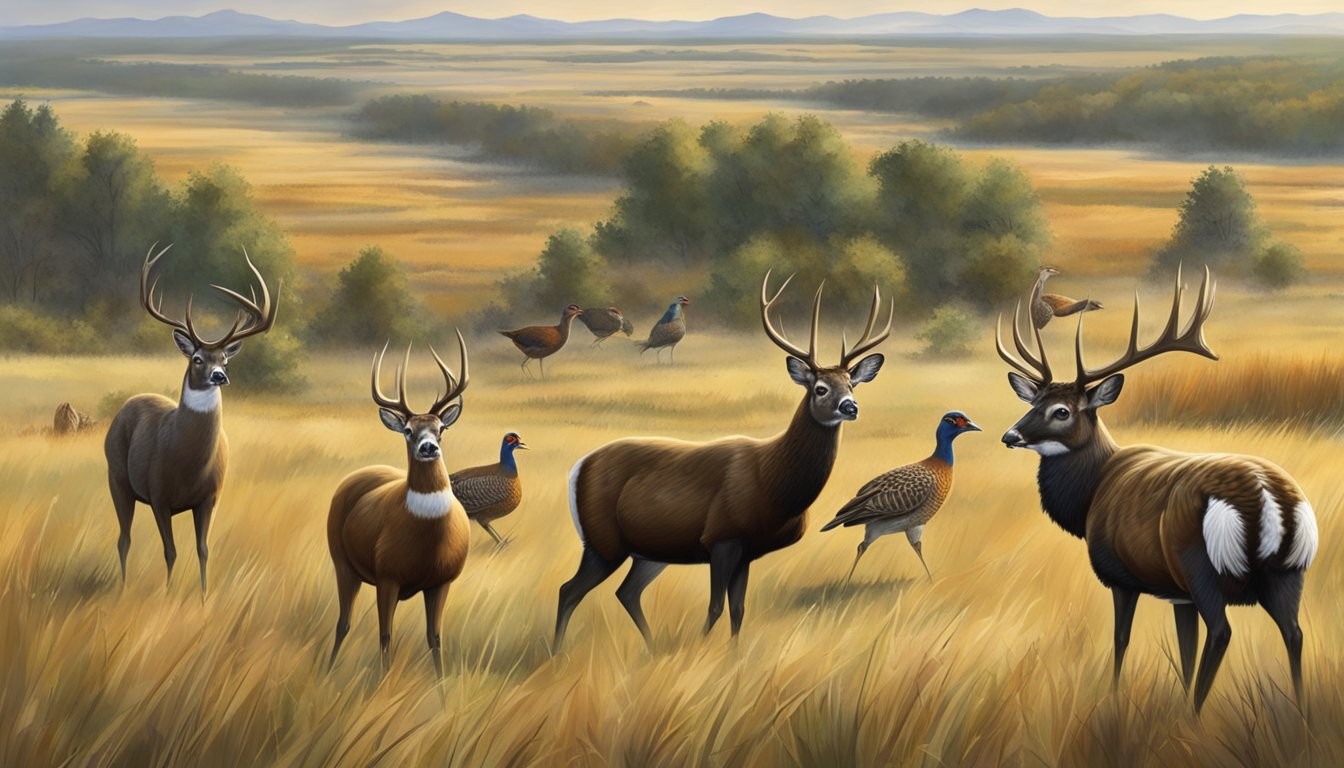 A group of game species native to South Dakota, including deer, pheasants, and turkeys, roam through a diverse landscape of grasslands, forests, and wetlands