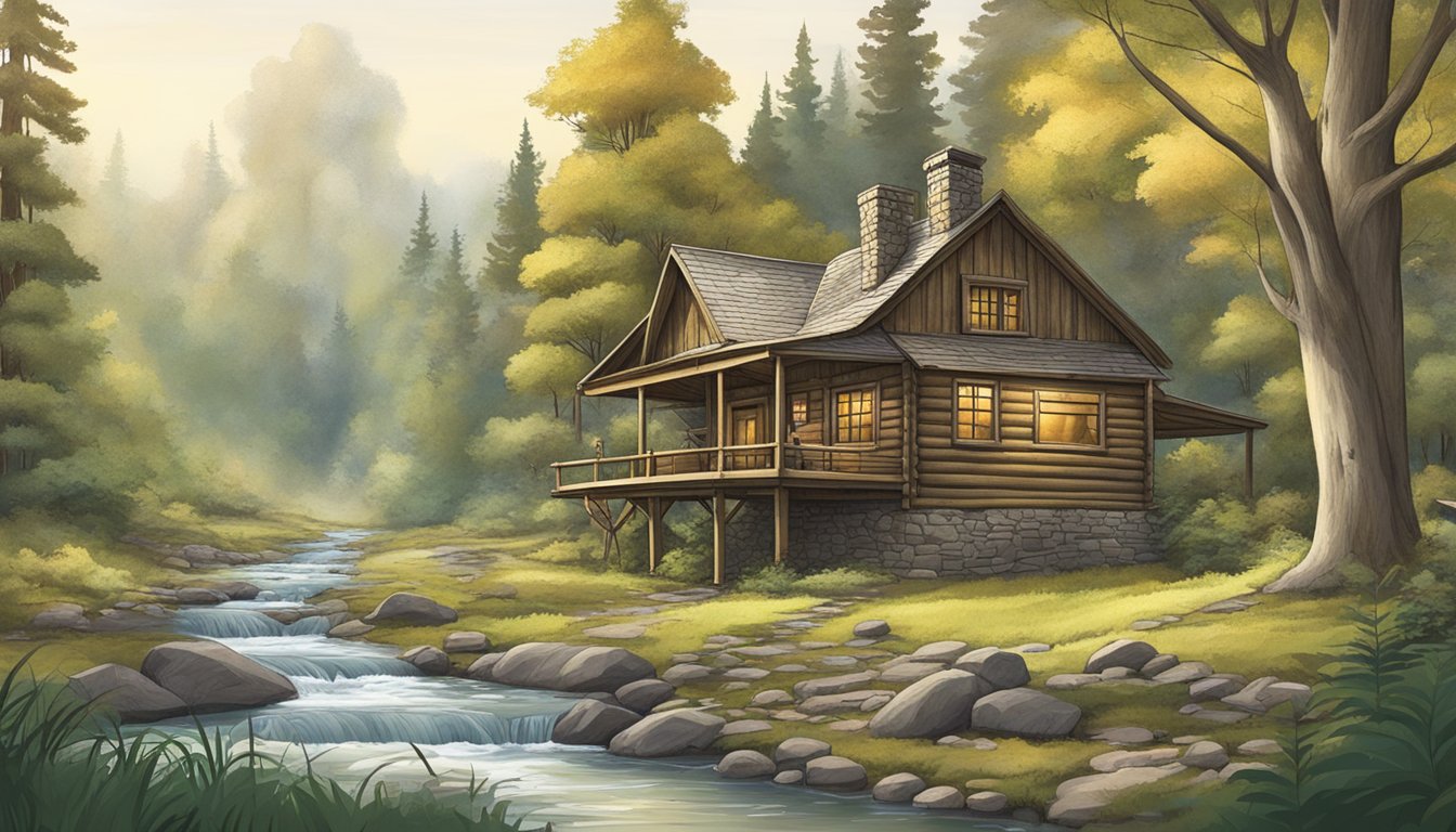 A serene forest with a hunter's cabin, a stream, and wildlife